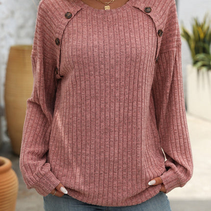 Decor Button Long Sleeve Ribbed T-Shirt