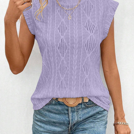 Openwork Round Neck Cap Sleeve Top