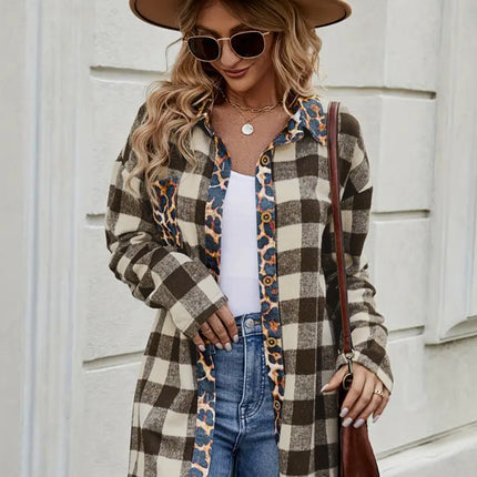 Leopard Trim Plaid Collared Neck Long Sleeve Shirt