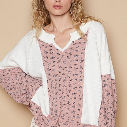 POL Waffle Knit Floral Notched Long Sleeve Top