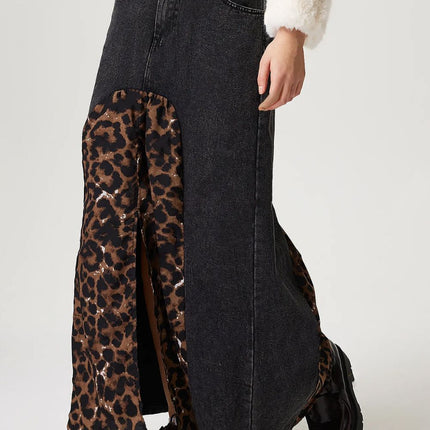 Slit Leopard Midi Denim Skirt