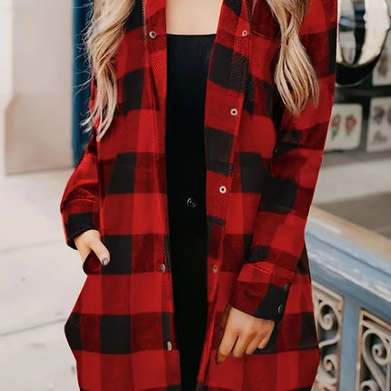 Plaid Collared Neck Snap Down Long Sleeve Jacket