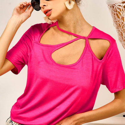 BiBi Cutout Asymmetrical Neck Short Sleeve T-Shirt