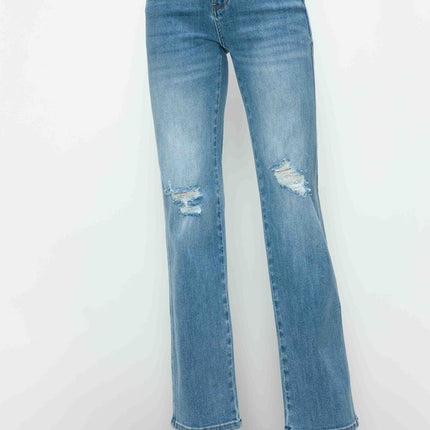 bytos Full Size Distressed High Rise Straight Jeans