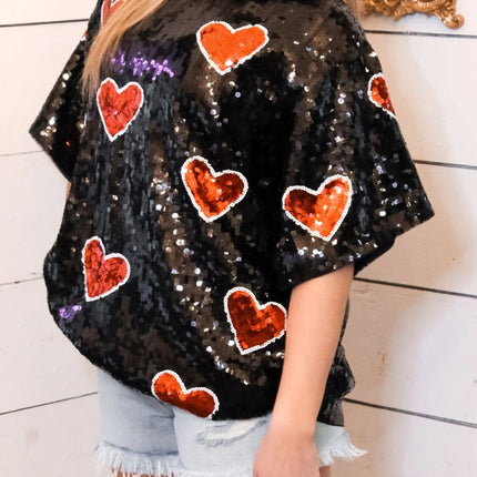 Valentine’s Day Sequin Heart Round Neck Half Sleeve Top