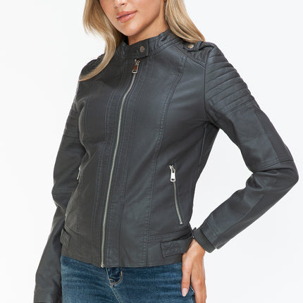 Snobbish PU Leather Biker Jacket with Side Zip Pockets