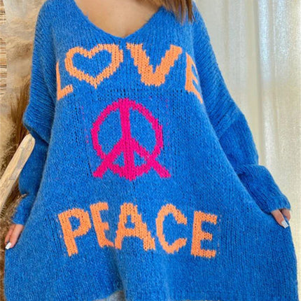 Peace Graphic V-Neck Long Sleeve Sweater