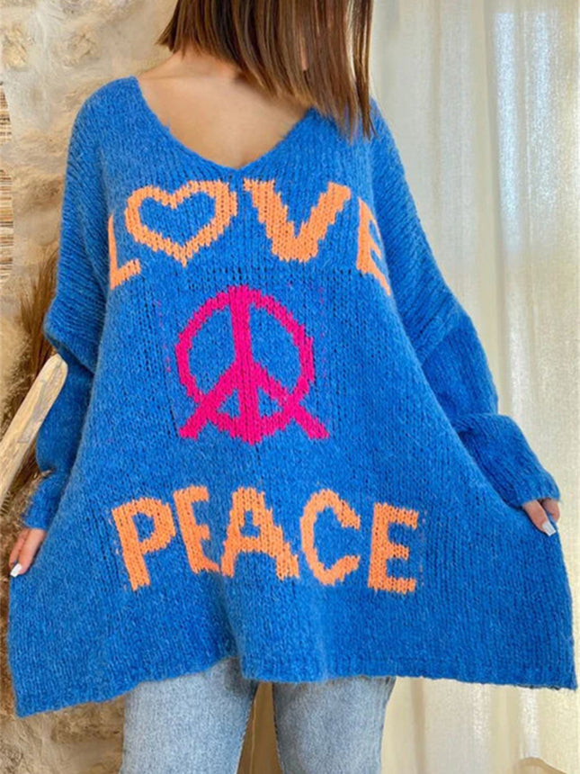 Peace Graphic V-Neck Long Sleeve Sweater