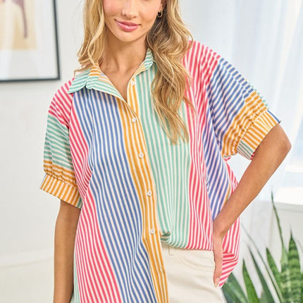 First Love Full Size Striped Button Down Short Sleeve Shirt