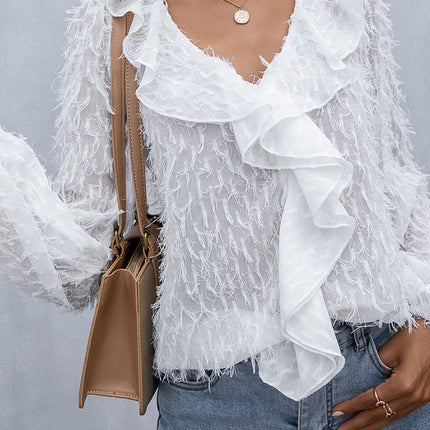 Double Take Ruffle Hem Fringe V-Neck Balloon Sleeve Blouse