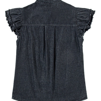 Raw Hem Button Up Cap Sleeve Denim Top