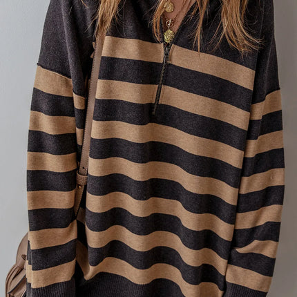 Striped Half Zip Long Sleeve Knit Top