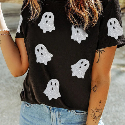 Glitter Ghost Round Neck Short Sleeve T-Shirt