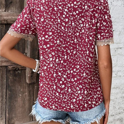 Full Size Printed V-Neck Short Sleeve Blouse