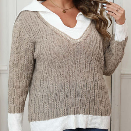 Plus Size Contrast Trim Collared Neck Sweater