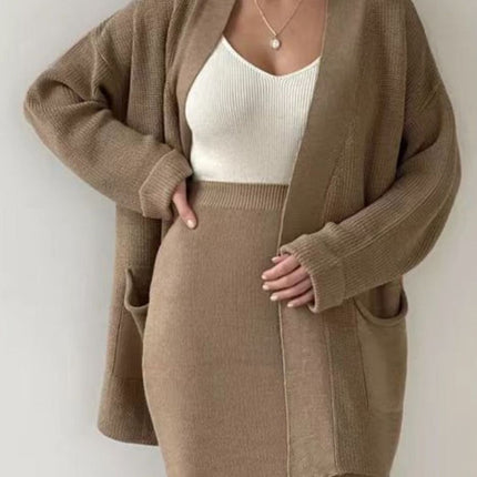 Pocketed Long Sleeve Cardigan and Skirt Sweater Set