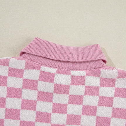 Checkered Collared Neck Long Sleeve Sweater