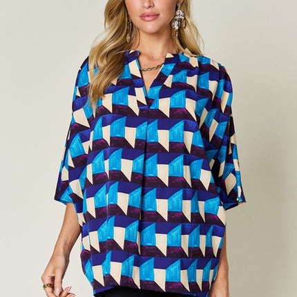 Double Take Full Size Geometric Notched Half Sleeve Blouse