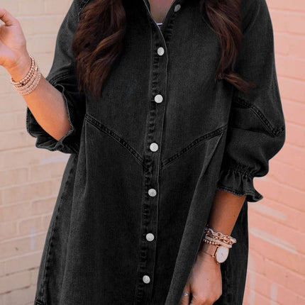 Distressed Collared Neck Flounce Sleeve Denim Dress