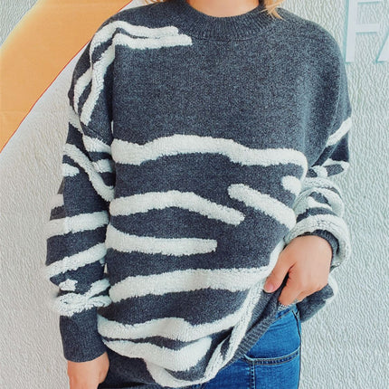 Contrast Round Neck Long Sleeve Sweater