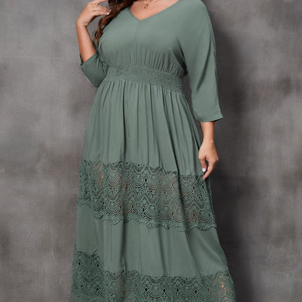 Plus Size Tied V-Neck Smocked Crochet Maxi Dress