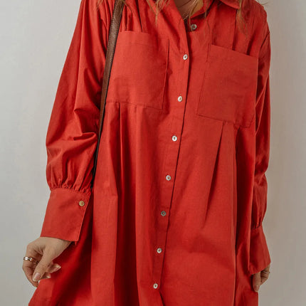 Pocketed Button Down Long Sleeve Shirt Dress