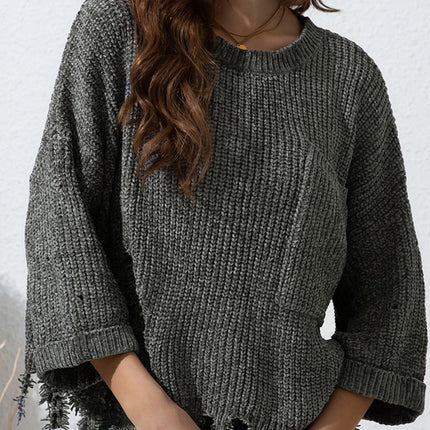 Distressed Round Neck Drop Shoulder Sweater