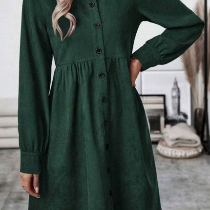 Ruched Button Up Long Sleeve Dress