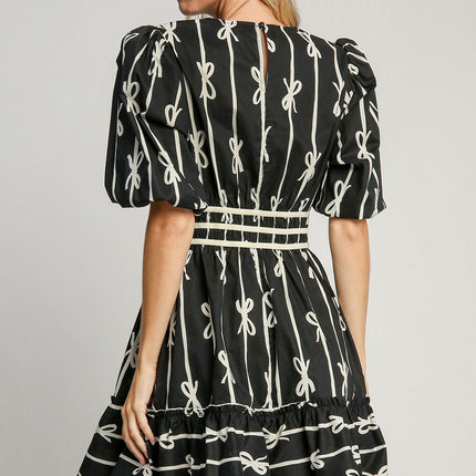 Umgee Ribbon Print Frill Contrast Velvet Trim Half Sleeve Dress