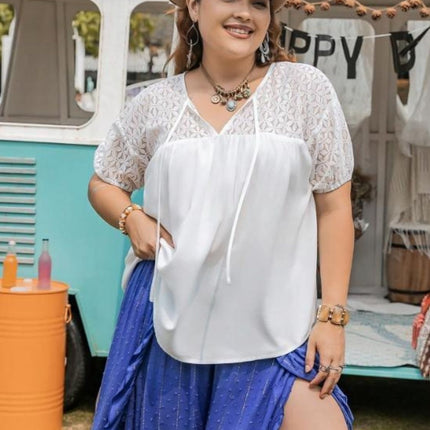 Plus Size Tie Neck Short Sleeve Blouse