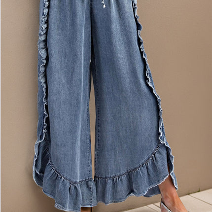 Drawstring Ruffled Wide Leg Jeans