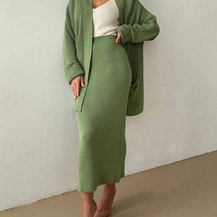 Pocketed Long Sleeve Cardigan and Skirt Sweater Set