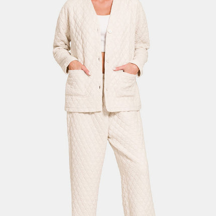 Zenana Quilted Button Up Long Sleeve Top and Pants Lounge Set