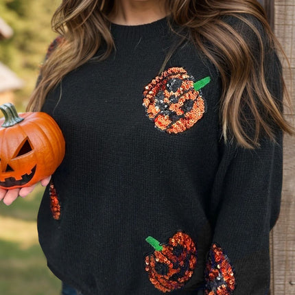 Plus Size Sequin Pumpkin Round Neck Sweater