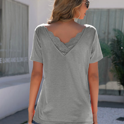 Lace Detail V-Neck Short Sleeve T-Shirt