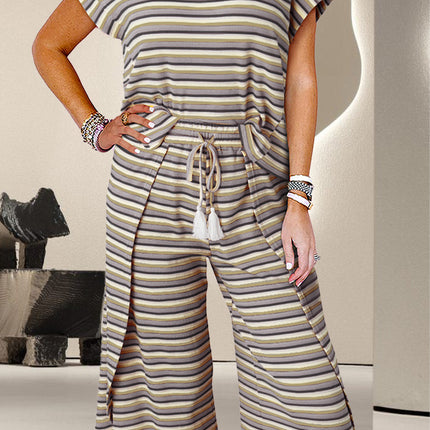 Striped Round Neck Top and Drawstring Pants Set