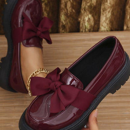 Bow PU Leather Round Toe Loafers