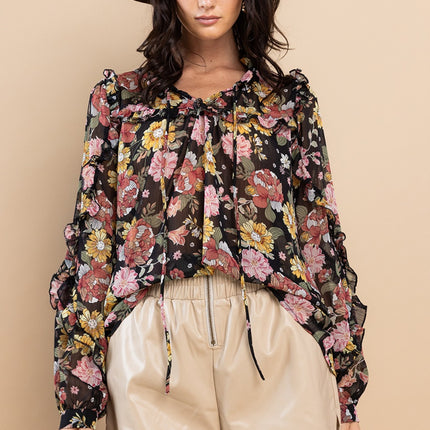 Ces Femme Ruffle Trim Long Sleeve Floral Blouse