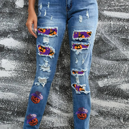 Distressed Sequin Pumpkin Jeans