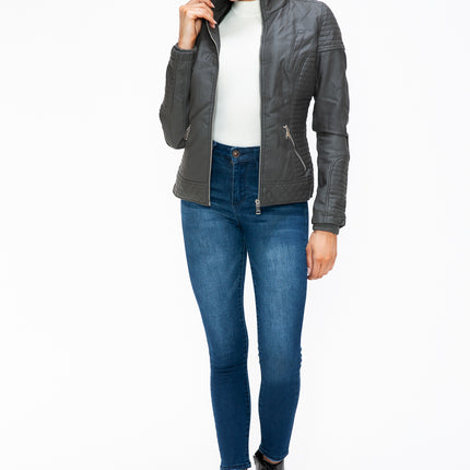 YMI Faux Layered Double-Zipper Jacket with Fuzzy Hood