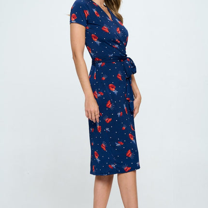 RENEE C Floral Tie Front Surplice Short Sleeve Dress