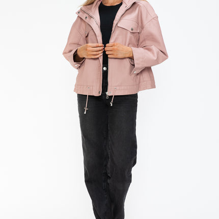 How Dare U Drawstring Hem PU Leather Zip Up Jacket