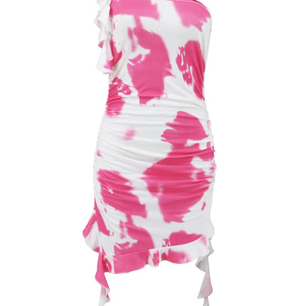 Ruffled Tie-Dye Single Shoulder Mini Dress