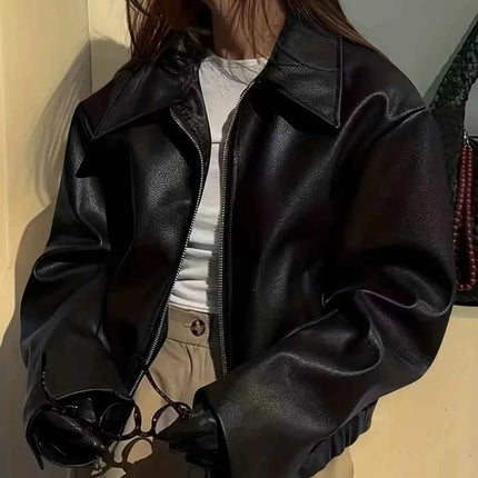 Oversized Faux Leather Zip Up Moto Jacket