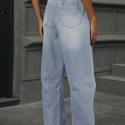 Half Elastic Waist Straight Leg Jeans