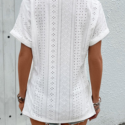 Eyelet Notched Short Sleeve Blouse