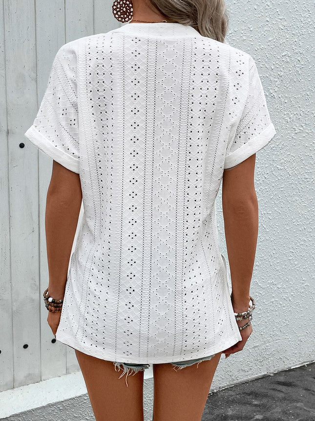 Eyelet Notched Short Sleeve Blouse