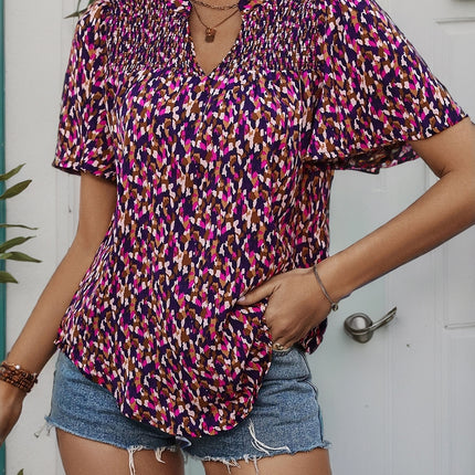 Printed Notched Flutter Sleeve Blouse