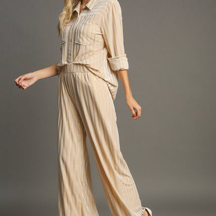 Umgee Elastic Waist Striped Wide Leg Velvet Pants