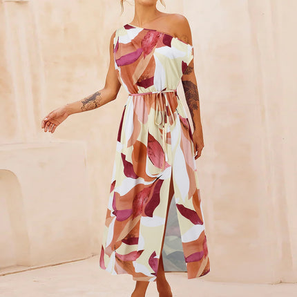 Printed One Shoulder Short Sleeve Dress